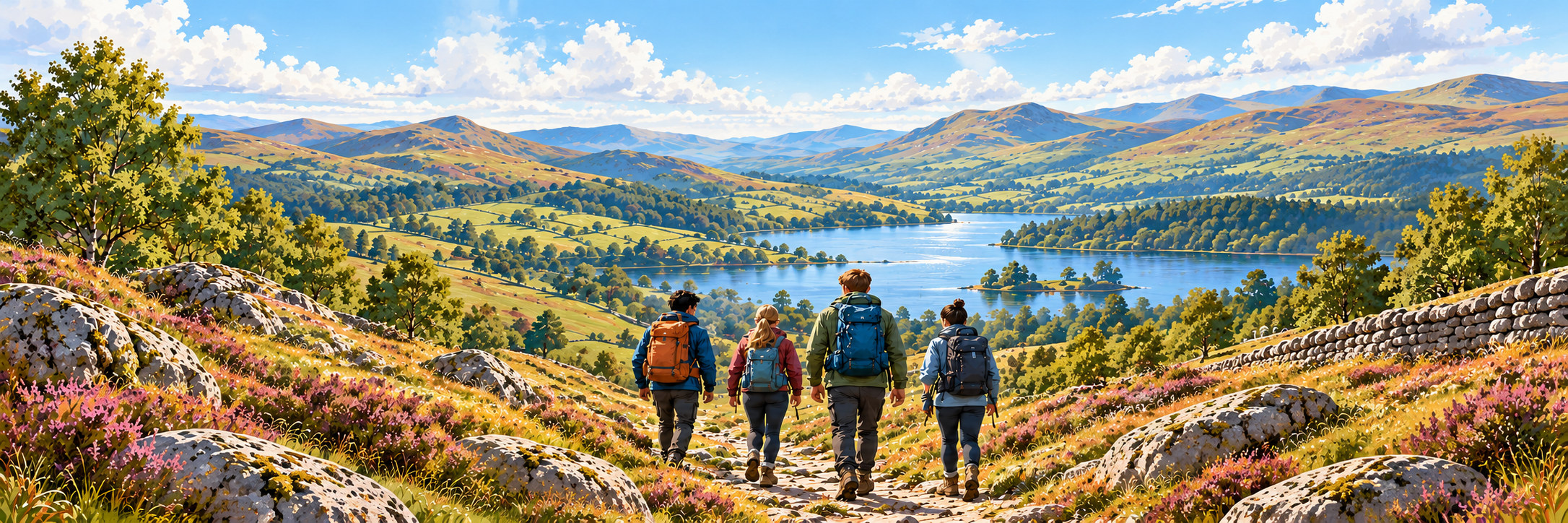Four walkers following a rocky footpath above a lake, with woodland and rounded upland hills beyond.
